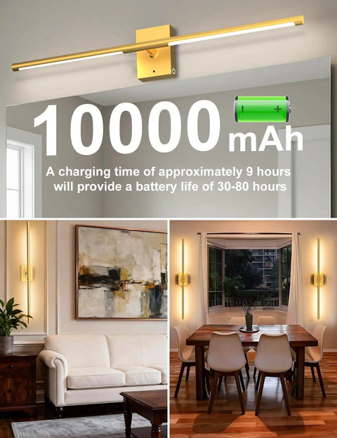Slick Wireless Rechargeable Wall Sconces Set Of 2 Battery Powered Gold Light Fixtures in living room and dining area.