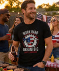Honor The Hustle With This Cool Labor Day Shirt For Men featuring a bold graphic, worn at a summer BBQ, semi-fitted and breathable.