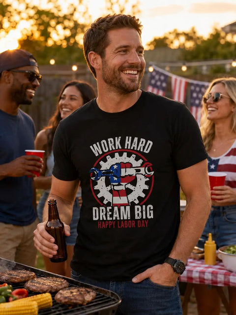 Honor The Hustle With This Cool Labor Day Shirt For Men featuring a bold graphic, worn at a summer BBQ, semi-fitted and breathable.