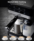 Heavy Duty 20 Bar Automatic Espresso Machine With Hella Rich Crema And Kickin Smooth Milk Frothing For Straight Up Pro Level Cappuccino Latte Coffee Brewing with manual milk frother.