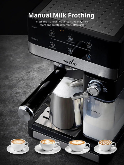 Heavy Duty 20 Bar Automatic Espresso Machine With Hella Rich Crema And Kickin Smooth Milk Frothing For Straight Up Pro Level Cappuccino Latte Coffee Brewing with manual milk frother.