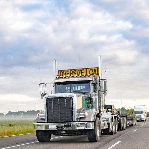 Truck hauling oversize load on highway with Complete 37 Piece Oversize Load Sign Kit With 4 Oversize Load Banners 8 Red Flags