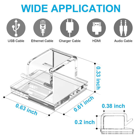 Diagram of 100 Pack Clear Cable Clips For Wires On Wall With Super Sticky Adhesive showing dimensions and cable types.