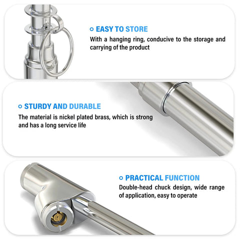 MEANLIN MEASURE silver tire pressure gauge with dual-headed chuck, nickel-plated brass, 10–150 psi