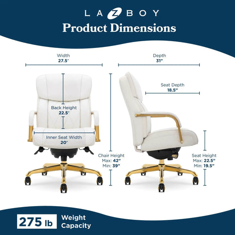 Dimensions of Symphony Ergonomic Bonded Leather Swivel Executive Chair with Generous Lumbar Support, White and Gold Upholstery