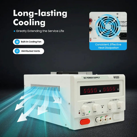 Variable DC Power Supply 0 To 30V 0 To 20A Bench Power Source With Precise Output And LED Readout Real Time Voltage And Current Monitor For Prototyping DIY Electronics Lab Testing And Hands On Projects. White metal bench unit with built-in cooling fan and vented side panel