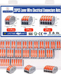 Open display of 20 Piece Lever Wire Connectors Kit 28-12 AWG Quick Disconnect Splice Nuts in plastic case with product details
