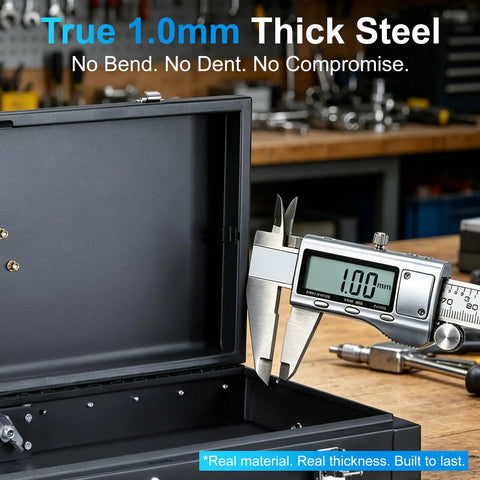 Three Drawer 22 Inch Portable Metal Tool Box With Heavy Duty Steel Build Dual Locking System showcased with 1mm thickness gauge