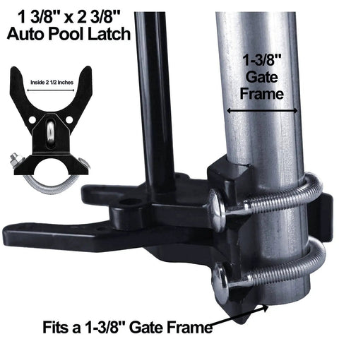Close-up of child safe pool gate latch fits 1-3/8 inch gate frames and 2-3/8 inch posts, auto swing latch lockable from both sides