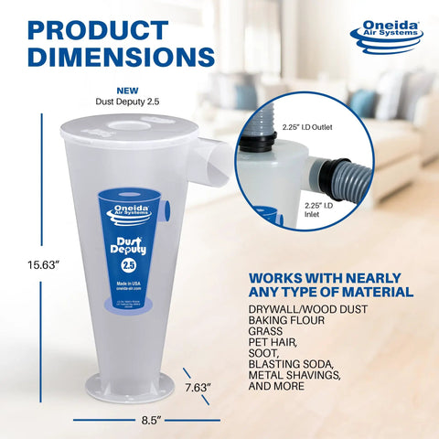 Total Game Changer DIY Cyclone Separator Kit For Wet And Dry Shop Vacs With Universal Adapter Set. Dust Deputy 2.5 dimensions 15.63" height.