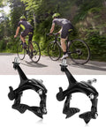 Deadly Smooth Road Bike V Brake Set Featuring Heavy Duty Mechanical Dual Pivot Calipers With Tough Aluminum Alloy Housing For Grip Tight Front And Rear Wheel Control In Sleek Black mounted near cyclists riding on a road.