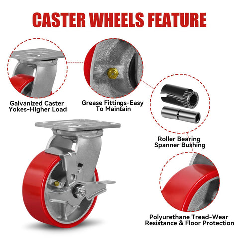 5 Inch By 2 Inch Plate Swivel And Brake Caster Wheels Set Of Four Heavy Duty Cast Iron Wheel With Polyurethane Non Marking Red Tread