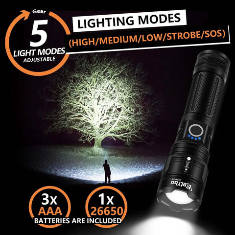 Rechargeable LED Flashlight 20000 Lumen XHP70 Quad Core Handheld Torch lighting modes demonstration