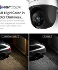 4MP Outdoor PT WiFi Security Cam With Pan Tilt And 16x Digital Zoom Ultra HD NightColor Night Vision demonstrating color and IR modes.