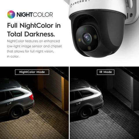 4MP Outdoor PT WiFi Security Cam With Pan Tilt And 16x Digital Zoom Ultra HD NightColor Night Vision demonstrating color and IR modes.