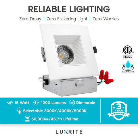 Square 4 Inch LED Recessed Lighting With Junction Box, 15W, 1200 Lumens, showing dimmable feature and color options 3000K, 4000K, 5000K.