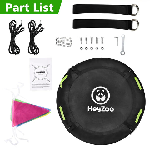 Parts for 48 Inch Saucer Swing for Backyard Fun with frame, adjustable straps, carabiners, ropes, and seating, big family size