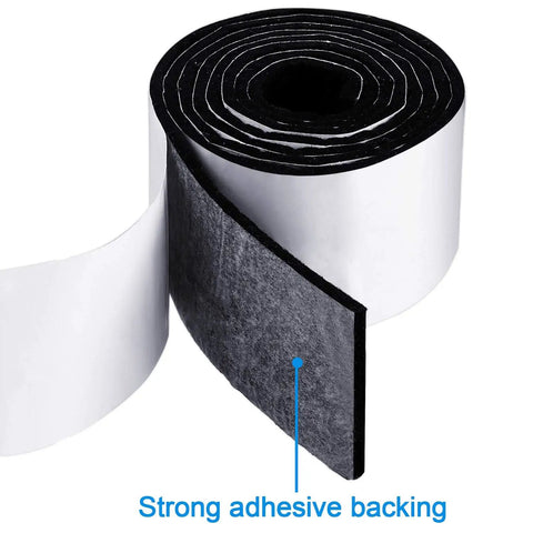 Close-up of rolled black felt strip with adhesive backing, part of Two Pack Self Adhesive Felt Strips, Each About 59 Inches Long and 0.12 Inch Thick, Cuttable Non Slip Furniture Pads for Hardwood Floors, Chairs, and Walls, Black.
