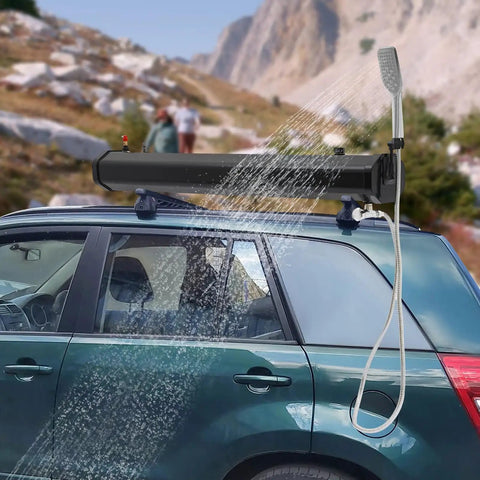 20L Portable Roof Rack Shower Kit With Long Hose For Camping Off Road And Fishing Beach Travel Self Pressurized Solar Heated Water Tank Up To 60C No Electricity Needed Black Silver installed on SUV.