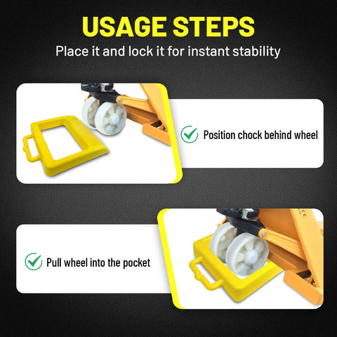 Heavy Duty Pallet Jack Chock Wheel Stopper Stabilizes Pallet Trucks On The Jobsite For Safer More Efficient Handling 14.2 Inch Long By 11.2 Inch Wide By 2 Inch High Yellow 2 Pack shown in usage steps