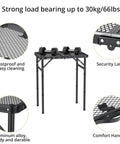 Folding Grill Table For Camping And BBQ, Aluminum Outdoor Table With Adjustable Height Up To 27.5 Inches, Lightweight And Portable, Black, showing rustproof mesh surface and details like security latch, comfort handle.