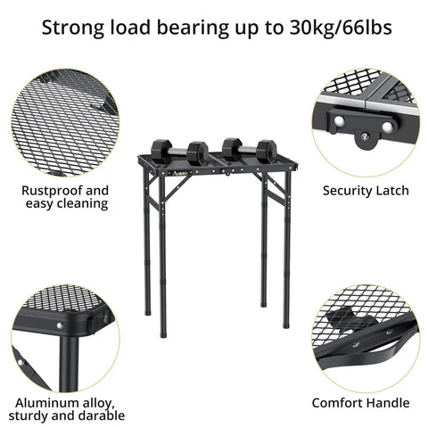 Folding Grill Table For Camping And BBQ, Aluminum Outdoor Table With Adjustable Height Up To 27.5 Inches, Lightweight And Portable, Black, showing rustproof mesh surface and details like security latch, comfort handle.