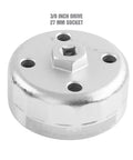 88.8 Millimeter Oil Filter Cap Wrench for Hyundai and Kia Easy Puller Tool for Fast No Hassle Oil Filter Removal Cap and Flute Wrench Works With Three Eighths Inch Drive or Twenty Seven Millimeter Wrench shown in close-up angle.