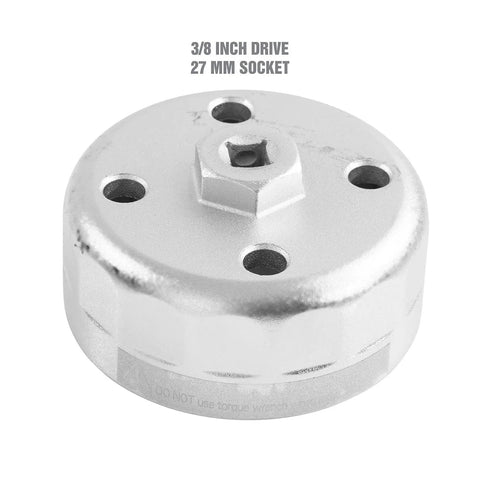88.8 Millimeter Oil Filter Cap Wrench for Hyundai and Kia Easy Puller Tool for Fast No Hassle Oil Filter Removal Cap and Flute Wrench Works With Three Eighths Inch Drive or Twenty Seven Millimeter Wrench shown in close-up angle.