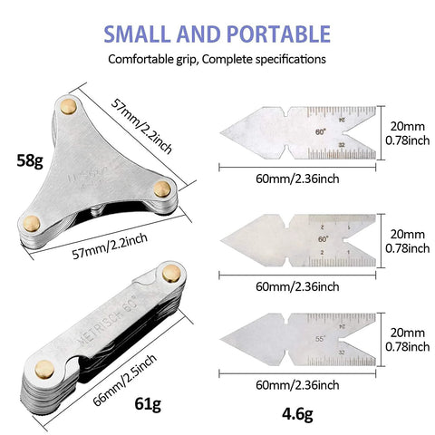 5-piece thread pitch gauge set, stainless steel with metric and SAE gauges.