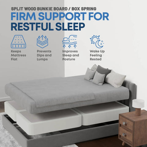 Heavy Duty King Box Spring 8 Inch Solid Wood Mattress Foundation Amish Crafted For Zero Squeak Silent Sleep Sturdy Platform Base fully assembled with gray bedding