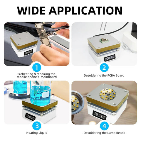 Electric Soldering Hot Plate 55mm X 55mm Plate in various lab applications, with OLED display and compact design visible