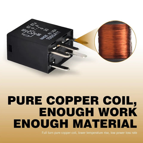 Two Piece Fuel Pump Relay Set Featuring Heavy Duty 12 Volt 30 Amp Wiring with close-up of copper coil and relay design.