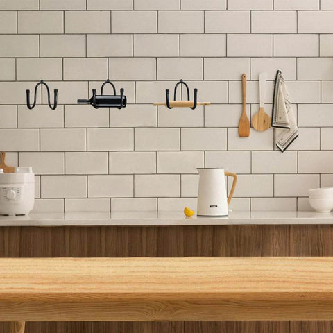 Five Pack Rolling Pin Holder Rack With No Punch Mounting Wall Mounted Display Organizer for kitchen tools, rustic black metal, space saving.