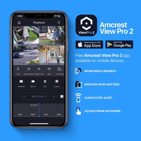 Amcrest View Pro 2 app displayed on smartphone with security camera footage playback and app store icons
