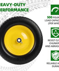 Flat-free tire with a yellow rim, text highlighting load capacity and durability for a John Deere riding mower.