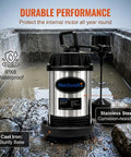 Heavy Duty Submersible Sump Pump With Three Quarter Horsepower Motor Kicks Standing Water To The Curb At 3800 GPH and 30 Foot Head in a wet basement.