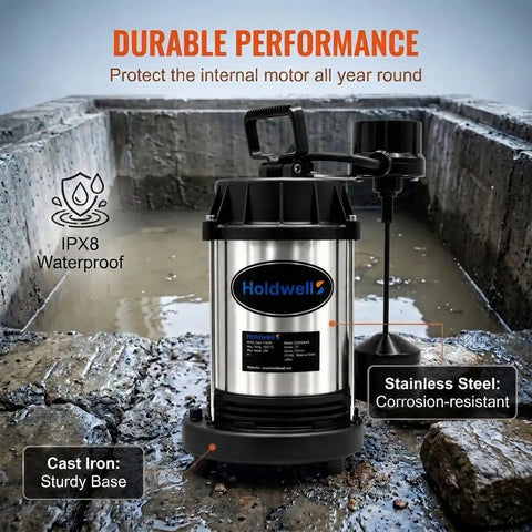 Heavy Duty Submersible Sump Pump With Three Quarter Horsepower Motor Kicks Standing Water To The Curb At 3800 GPH and 30 Foot Head in a wet basement.
