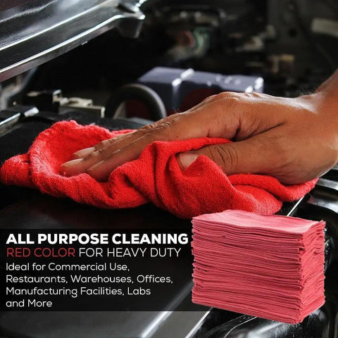 Person using a red Industrial Grade Cotton Shop Towel 14 By 12 Inches 500 Pack Reusable Cleaning Rags for grease and oil spills