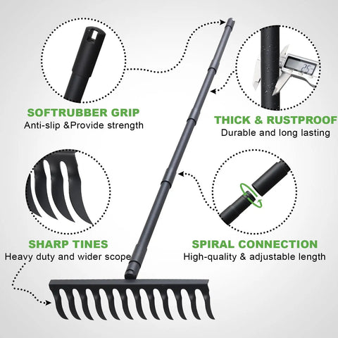 Heavy Duty Bow Rake With 60 Inch Adjustable Stainless Steel Handle, 17 Inch Wide Metal Head And 12 Sharp Teeth, features details