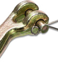 Close-up of 1/4 inch clevis grab hook for 6mm chain, G70 forged steel, chromate finish showing pin detail for secure lashing and towing.