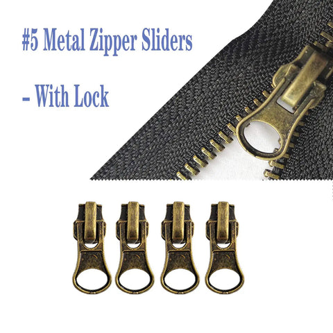 Universal Size 5 Zipper Slider Replacement Kit With 12 Sliders In Black Bronze Silver For Metal Plastic And Nylon Coil Zippers On Jackets Bags And Luggage DIY Repair Fix It Fast, showing bronze metal zipper sliders and lock.