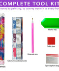 Complete toolkit for 5D Diamond Painting Kit For Beginners With Ancient Tree Full Drill including canvas, diamonds, pen, and tray.