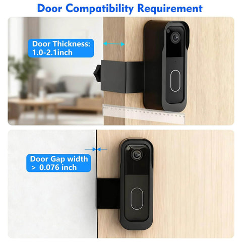 Installed no drill video doorbell mount for Blink Gen1/Gen2, fits 1.0-2.1 in door, shown with rain cover, keeping night vision clear and intact.
