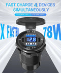 2 Pack 12V To 24V Cigarette Lighter Outlet With Voltmeter Quick Charge 3.0 Dual USB Port Adapter showing LED display and USB ports.