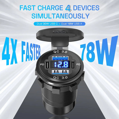 2 Pack 12V To 24V Cigarette Lighter Outlet With Voltmeter Quick Charge 3.0 Dual USB Port Adapter showing LED display and USB ports.