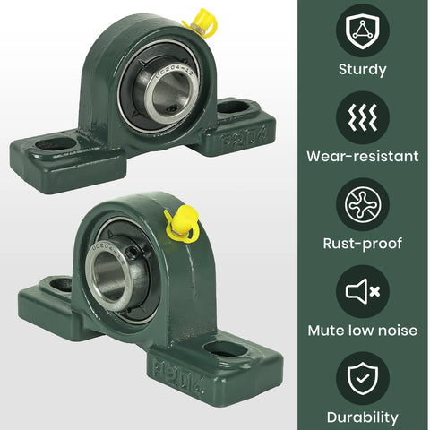 Front and side views of two green mounted pillow block bearings with 3/4 in bore on cast-iron bases, yellow locking screws.