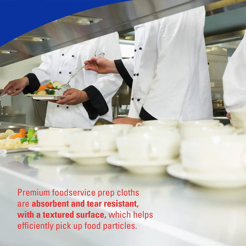 Chefs using CriticalClean High Capacity Heavy Duty Foodservice Cloths Quarterfold Towels at busy restaurant