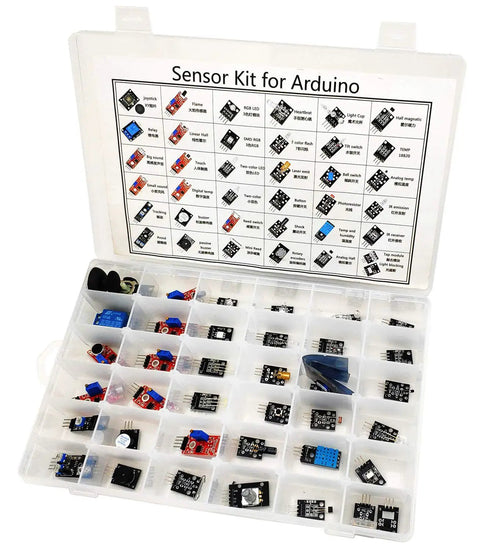38 In 1 Sensor Module Kit For Arduino And Raspberry Pi Projects With 0.96 Inch OLED Screen in open plastic box showing sensors and components