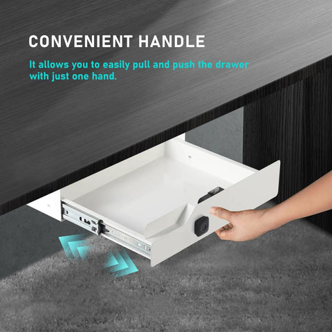 Sleek Under Desk Drawer With Biometric Fingerprint Lock Smooth Metal Slide Tray No Key Hassle Secret Stash For Laptops Paper Everyday Carry In Crisp White, showing the easy-pull handle.