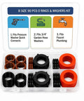 Open case of 90 Piece Rubber Garden Hose Washer Kit With 8 Universal Sizes For One Quarter Inch And Three Eighth Inch Quick Couplers M22